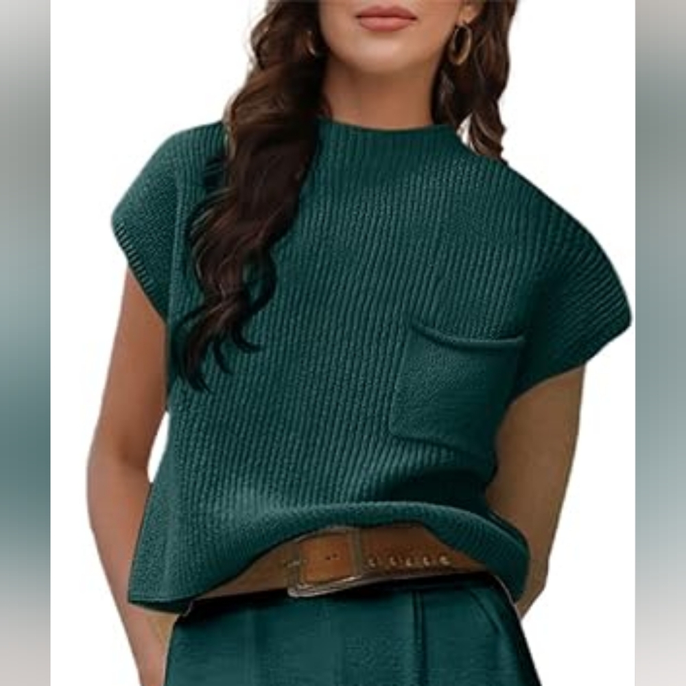 Women's Two-Piece Sweater Set - Knit Pullover Top High-Waist Pants - Green - S - Picture 2 of 12